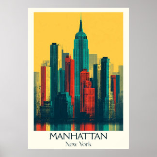 Manhattan New York Vintage Iconic Skyline Art Poster