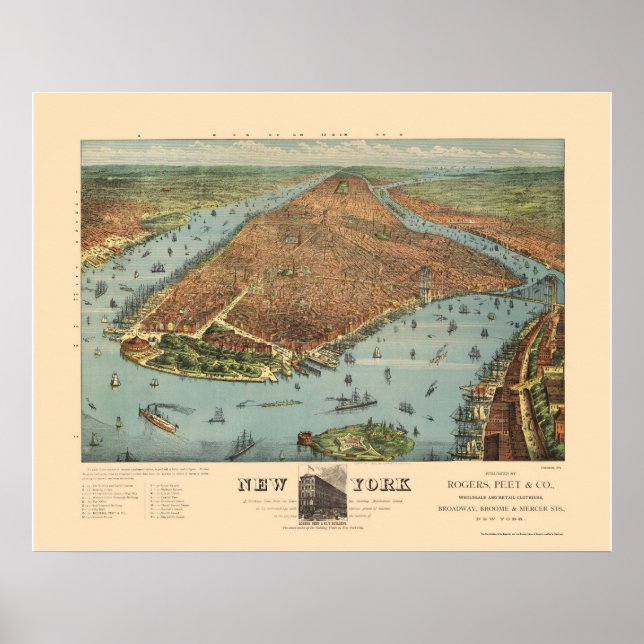 Manhattan, NY Panoramic Karta - 1879 Poster (Framsidan)