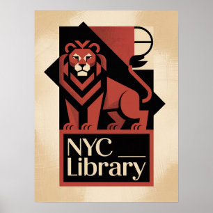 Manhattan NYC Bibliotek Lion Art Deco Arkitektur Poster