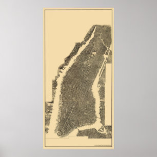Manhattan panorama- karta för NY - 1900 Poster