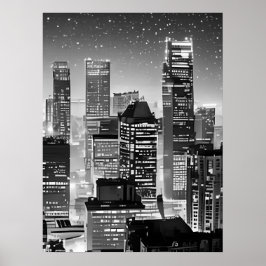 Manhattan Under Stars i Black and White Poster
