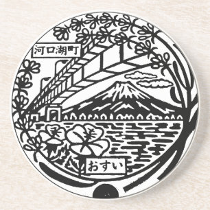 Manhole Cover Mount Fuji och Kawaguchiko Japan Underlägg