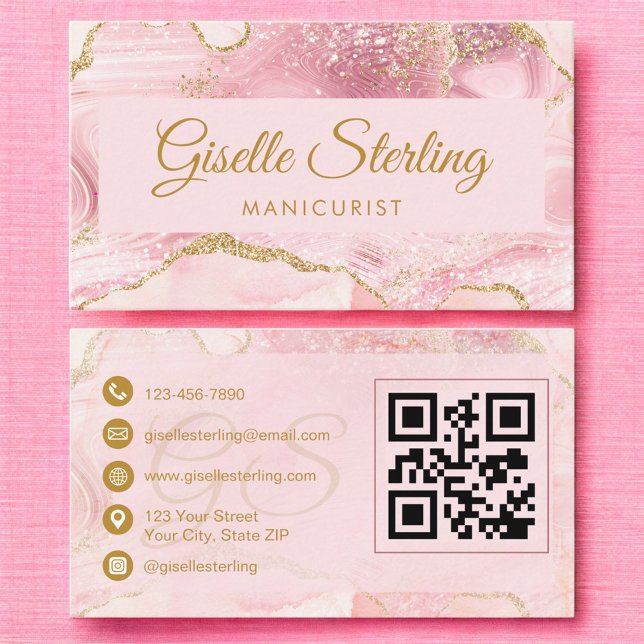 Manikurlist Rosa Rosa Guld Agat QR-kod Visitkort (Skapare uppladdad)