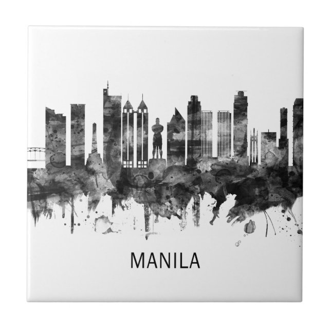 Manila Filippinernas Skyline BW Kakelplatta (Framsidan)