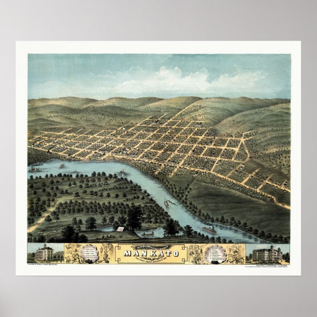 Mankato MN Panoramic Karta - 1870 Poster (Framsidan)