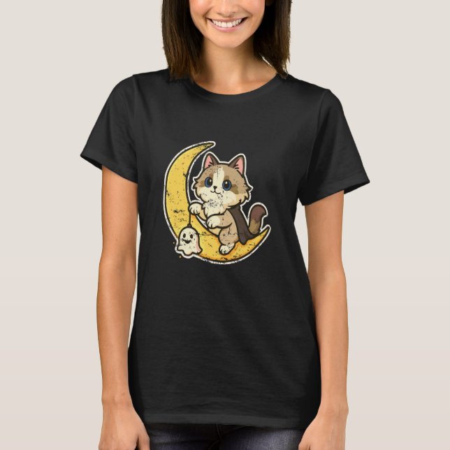 Månkatt med litet spöke t shirt (Framsida)