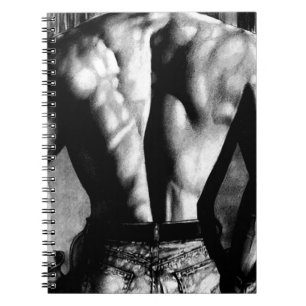 Manlig anteckningsbokteckningkroppsbyggare i jeans anteckningsbok