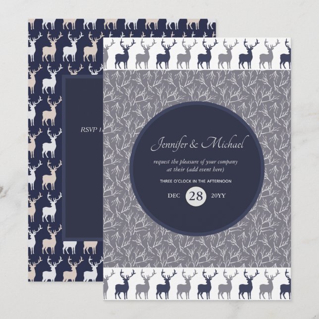 Manlig födelsedagsinbjudan Navy Blue STAG Vinterev Inbjudningar (Fram/baksida)