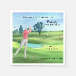 Manlig golfspelare svängande femtioårs 50-årsdag pappersservett