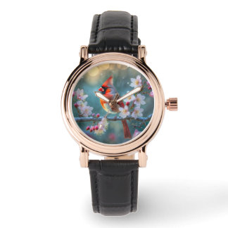 Manlig kardinal i Blommarna i Moonlight Cherry Armbandsur
