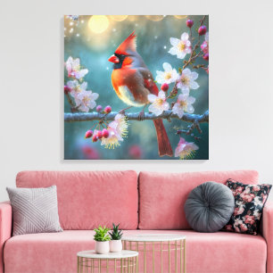 Manlig kardinal i Blommarna i Moonlight Cherry Canvastryck