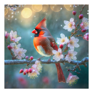 Manlig kardinal i Blommarna i Moonlight Cherry Fototryck