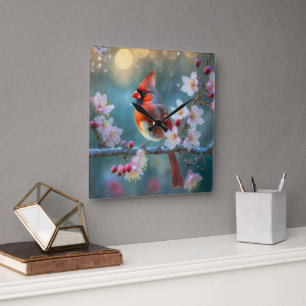 Manlig kardinal i Blommarna i Moonlight Cherry Fyrkantig Klocka