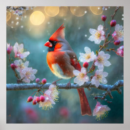 Manlig kardinal i Blommarna i Moonlight Cherry Poster