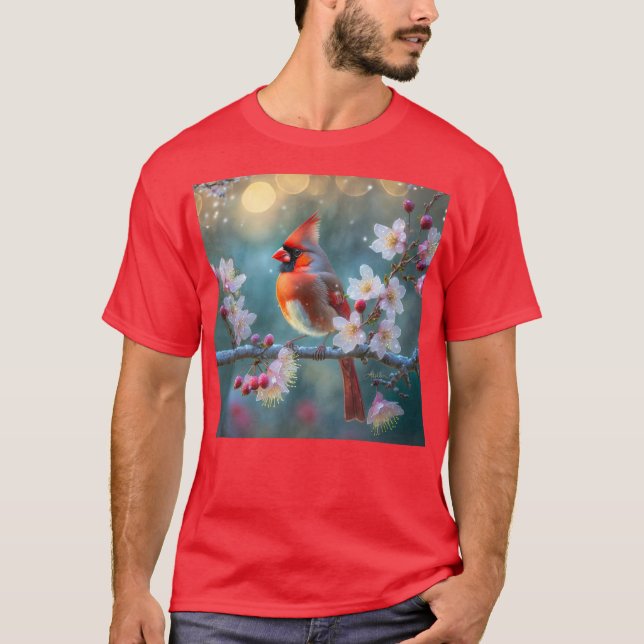 Manlig kardinal i Blommarna i Moonlight Cherry T Shirt (Framsida)