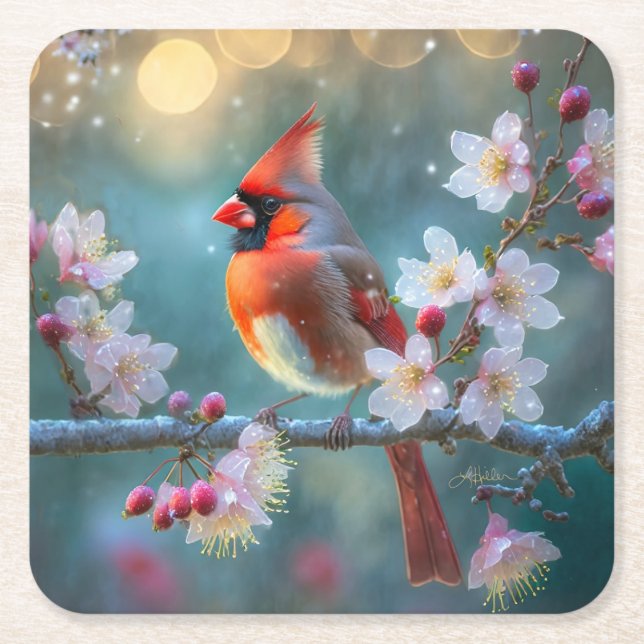 Manlig kardinal i Blommarna i Moonlight Cherry Underlägg Papper Kvadrat (Framsidan)