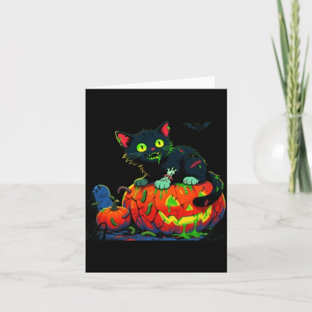 Manlig Kitty Halloween Pumpa Svart Katt Föreställn Kort (Framsida)