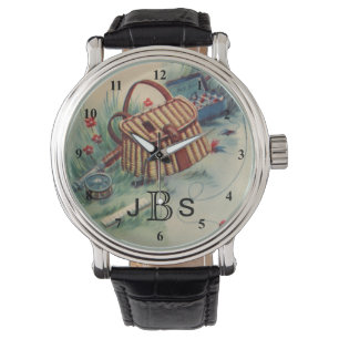 Manlig Monogram för vintageflygfiskefiskare Armbandsur