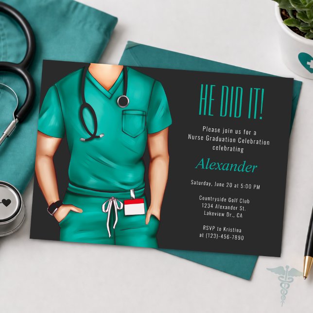 Manlig Sjuksköterska Utexamineringsfest Inbjudan (He Did It Nurse Graduation Invite for Him, Modern Teal Medical Theme, Celebrate His Big Day 🎓)