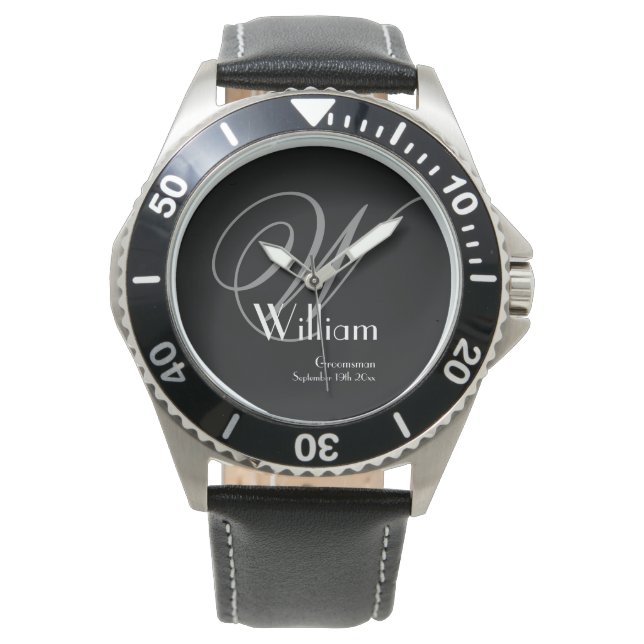 Manlig Svart Ansikte Grå Vit Monogram Bröllopsgäst Armbandsur (Framsida)