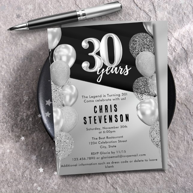 Manliga svarta silverballonger 30-års födelsedag inbjudningar (Skapare uppladdad)