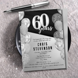 Manliga Svarta Silverballonger 60-års Födelsedag Inbjudningar