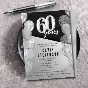 Manliga Svarta Silverballonger 60-års Födelsedag Inbjudningar