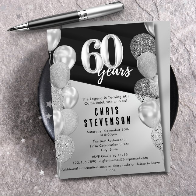 Manliga Svarta Silverballonger 60-års Födelsedag Inbjudningar (Skapare uppladdad)