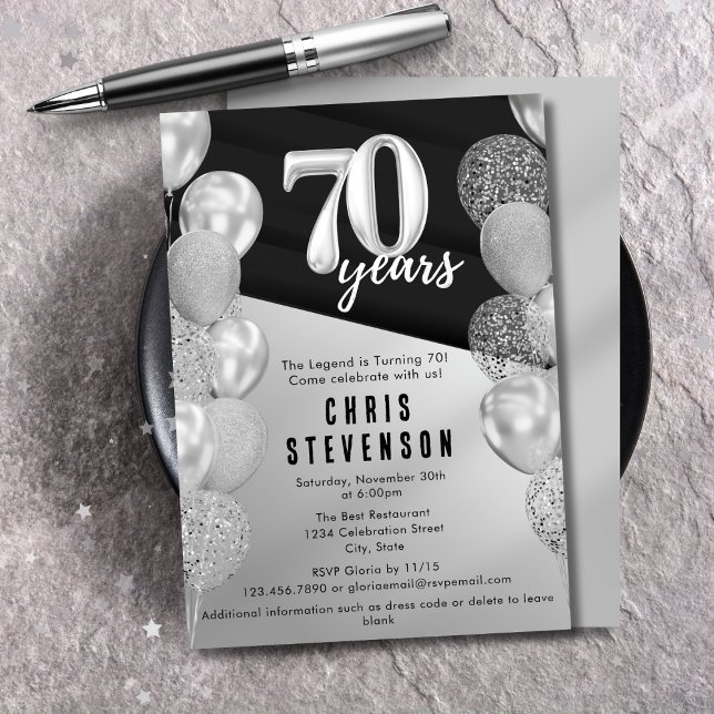 Manliga Svarta Silverballonger 70-årsdag Inbjudningar (Skapare uppladdad)