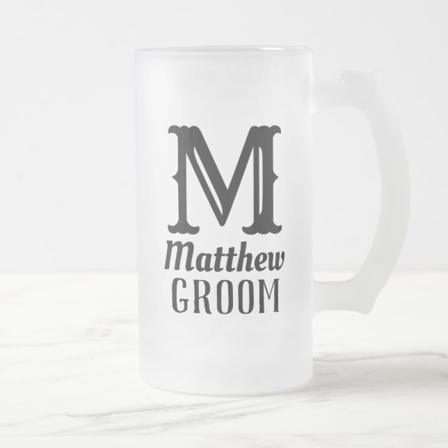 Manligt namnmonogram Bröllop Svart  Frostat Ölglas (Höger)