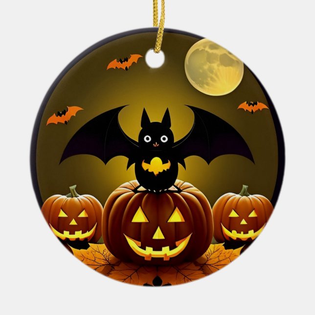 🌕🦇 Månljus Fladdermus & Pumpa Kusligt Söt Natt ✨ Julgransprydnad Keramik (Framsidan)