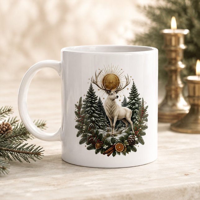 Månljus Jul Vit Hjort Vinter Solstånd Mugg Jumbo Mugg (Moonlit Yule White Stag Winter Solstice Mug)