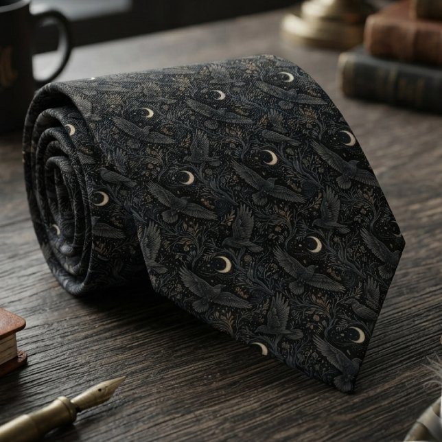 Månljus Onyx Celestial Korp Slips (Celestial raven pattern necktie for dark academia scholars attending evening gatherings.)