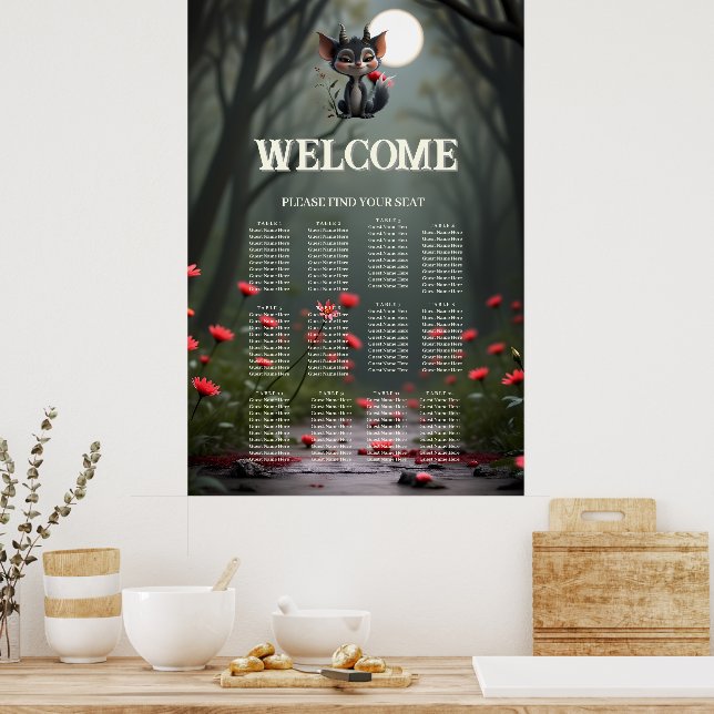 Månljus Skogsväsen av scharlakansröda blomningar.  Poster (Kök)