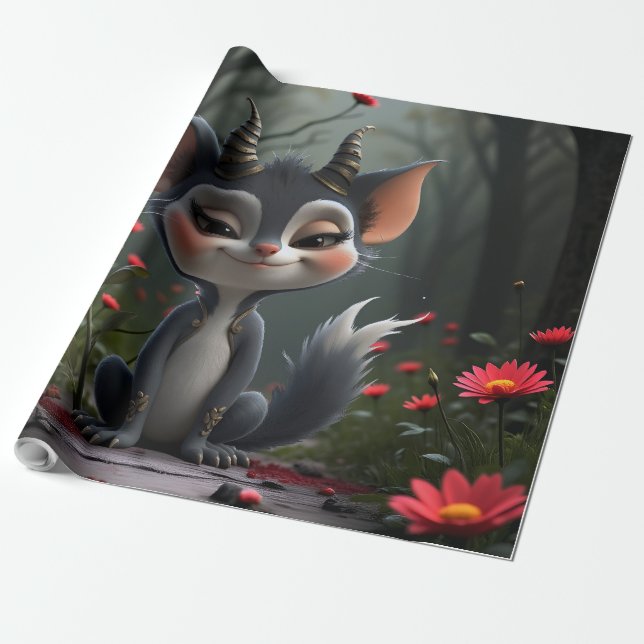 Månljus Skogsväsen av scharlakansröda blomningar.  Presentpapper (Utrullad)