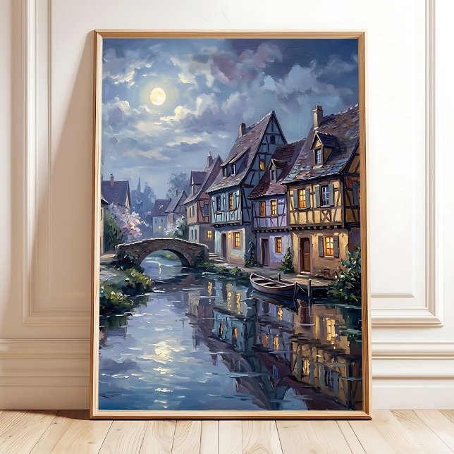 Månljust Byvägg Konst Canvastryck Poster (Moonlit Village Wall Art Canvas Print Digital Download)