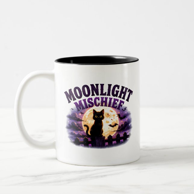 🐈‍⬛ Månljust Halloween Svart Katt Citat 🌕 Två-Tonad Mugg (Vänster)