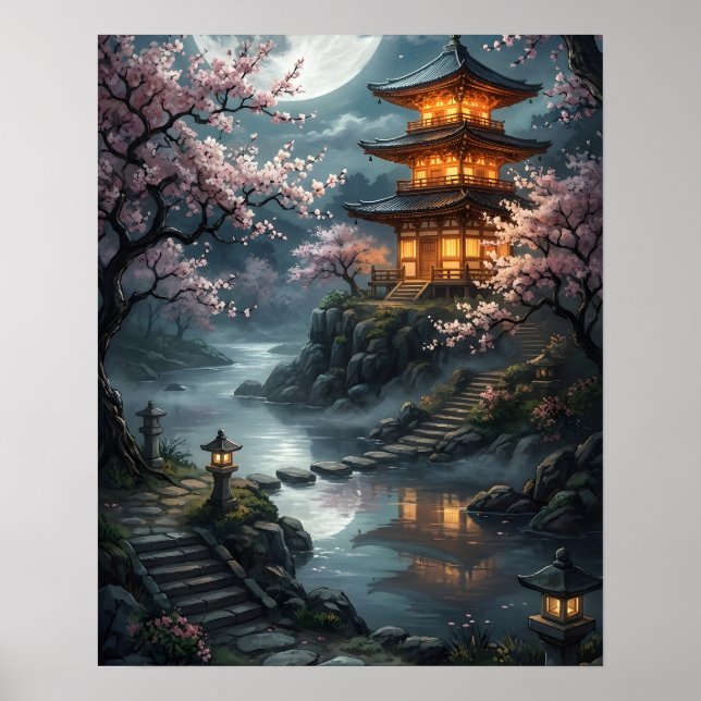 Månljust Japanskt Sakura Poster (Framsidan)