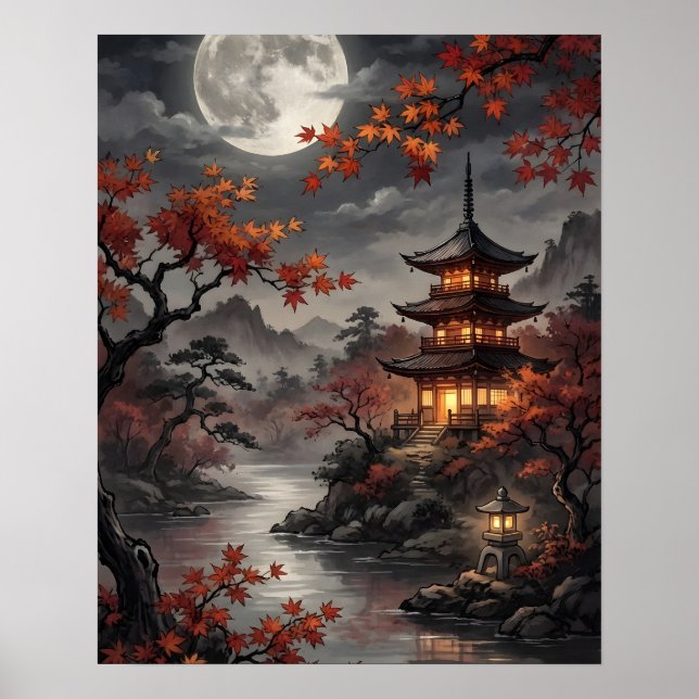 Månljust Japanskt Sakura Poster (Framsidan)