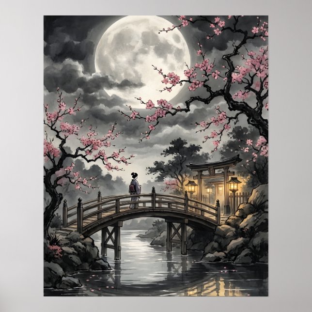 Månljust Japanskt Sakura Poster (Framsidan)