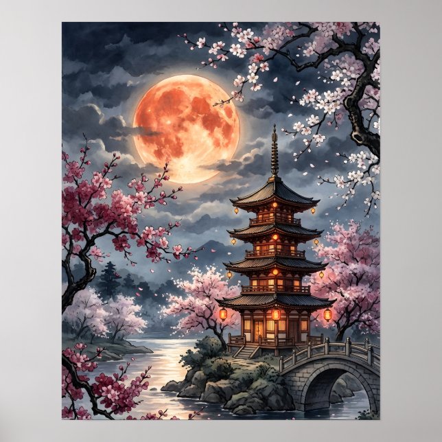 Månljust Japanskt Sakura Poster (Framsidan)
