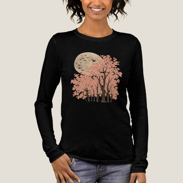 Månljust Körsbärsblomstrande Träd Konst Långärmad  T Shirt (Framsida)
