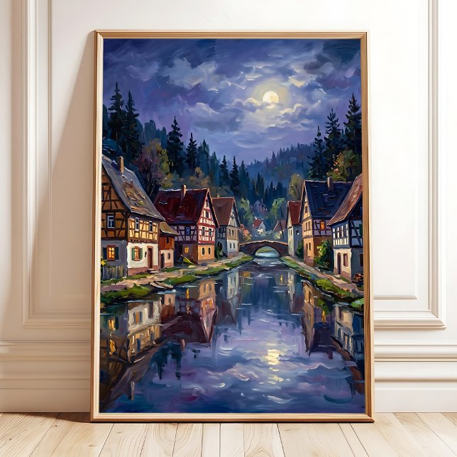 Månljust nattlig by Canvas Arttryck Poster (Skapare uppladdad)