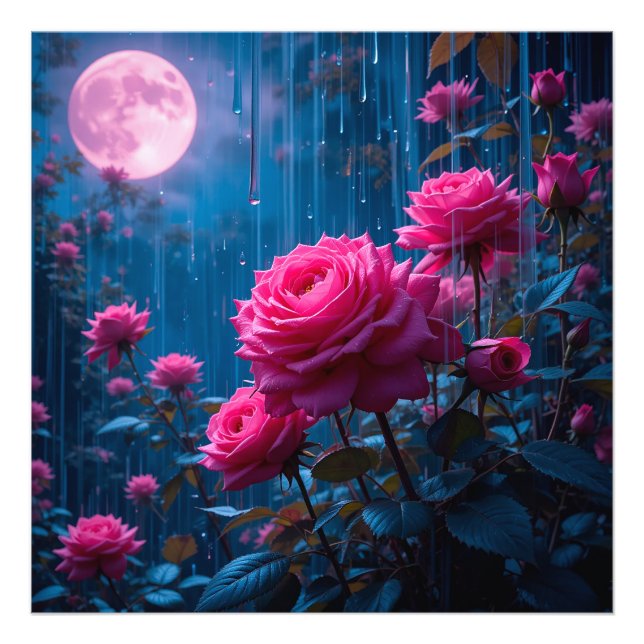 Månljust Rosa Ros Regn Fototryck Väggdekor (Framsidan)