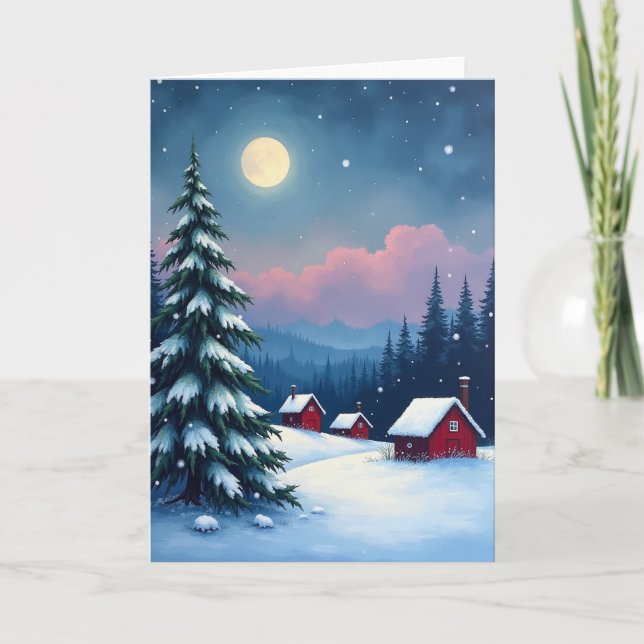 Månljust snöigt hyddnattkort kort (Framsida)
