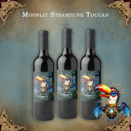 Månljust Steampunk Tukan. Vinflaska Etikett