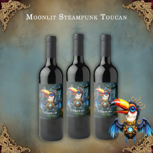 Månljust Steampunk Tukan. Vinflaska Etikett