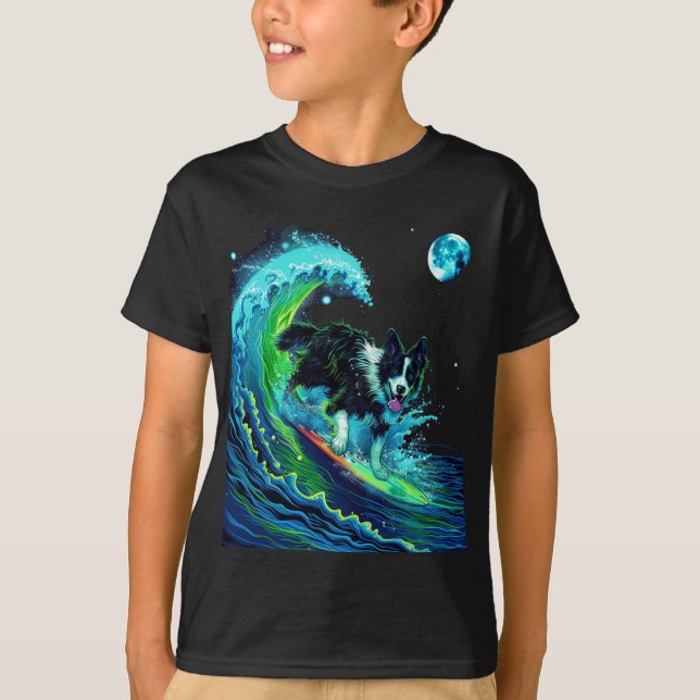 Månljust Surfande Border Collie Barn T Shirt (Framsida)