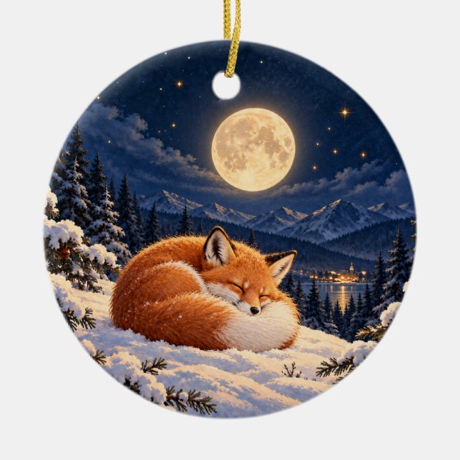 Månljust Vinterräv Keramisk Cirkulär Ornament (Framsidan)