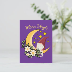Månmagi Söt Gnome på Halvmåne Blommig Illustration Vykort